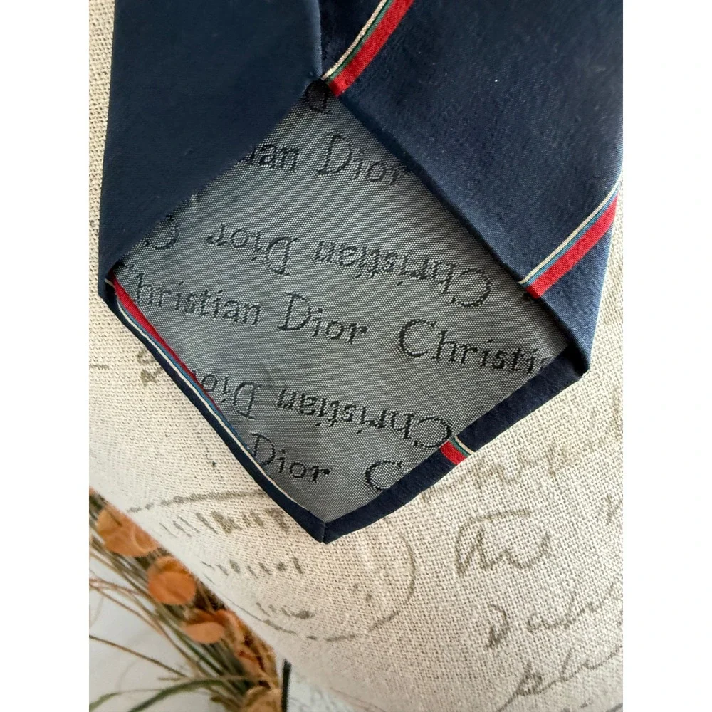 Christian Dior Monsieur Silk Tie Navy Blue Red Green Diagonal Stripe France